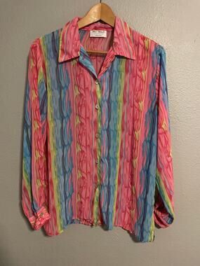 Vintage Toni Marie Button Up Womens Large Multicolor Sheer Stripe Boho READ